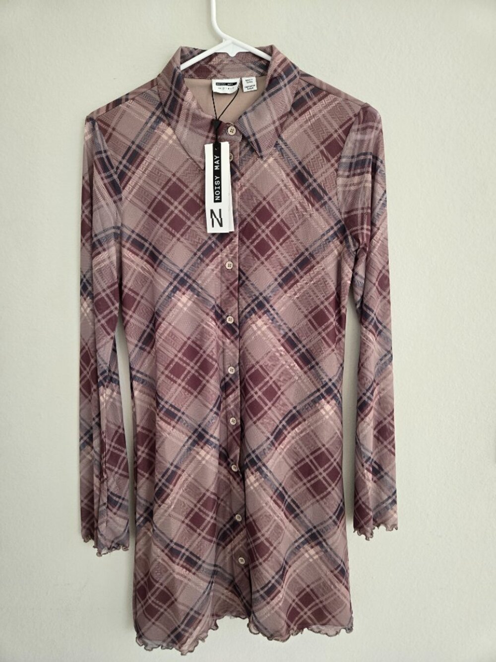 Noisy May Gracie Plaid Mesh Sheer Button up Long Sleeve Mini Shirtdress size XS